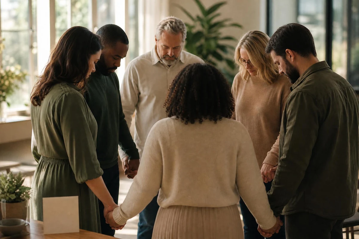 A group standing in a circle praying together with a printed liturgy card