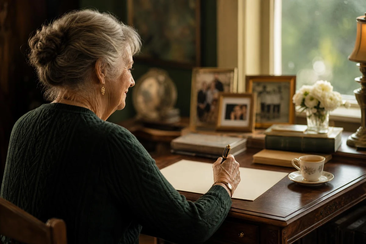 A grandmother writing a keepsake letter at her desk