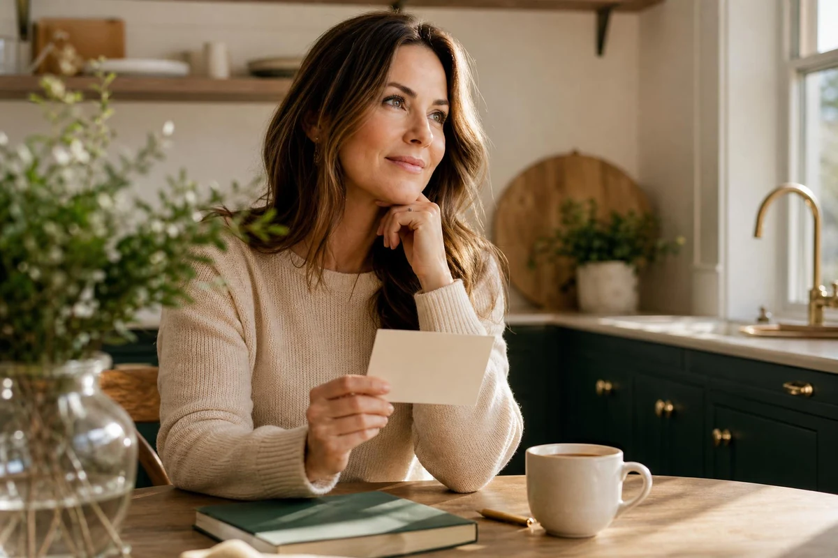 A woman holding a printed scripture memory card in a sunlit kitchen