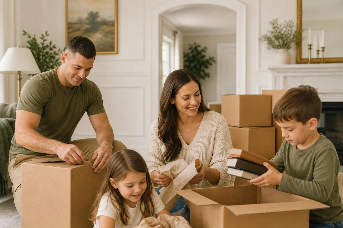 A military family organizing a move with a printed PCS checklist