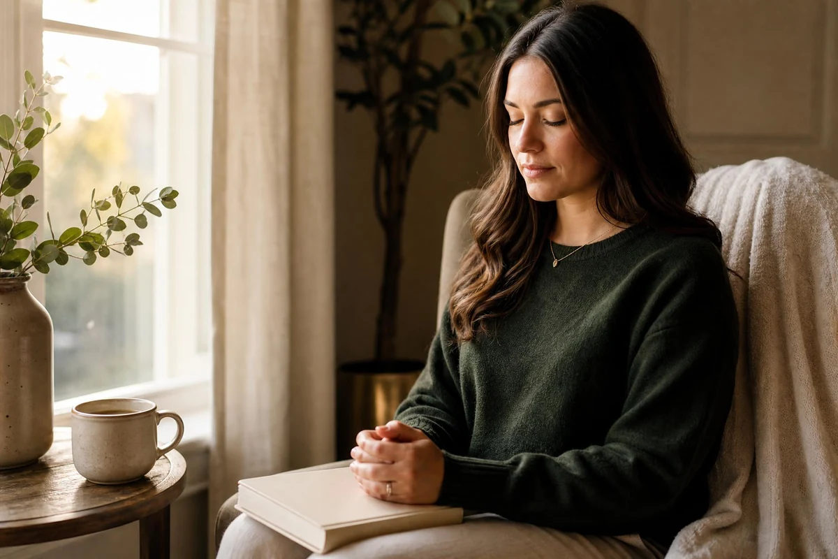 A woman writing in a printed prayer journal by a sunlit window