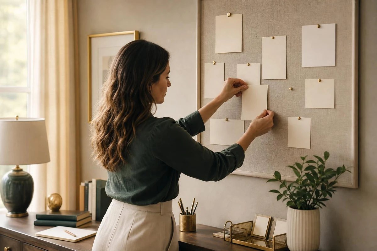 A person pinning handwritten prayer cards to a board on a home wall
