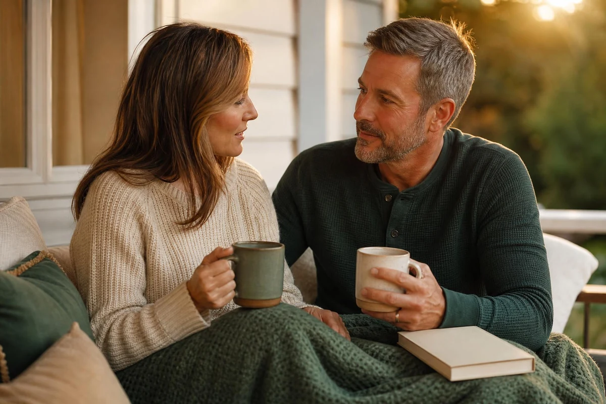 A married couple on a porch talking through a printed retreat guide