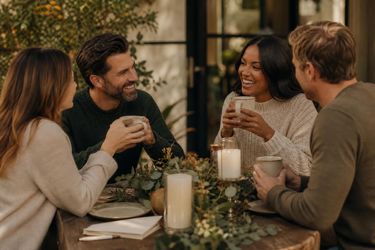 Friends gathered around an autumn table with printed seasonal reflection pages