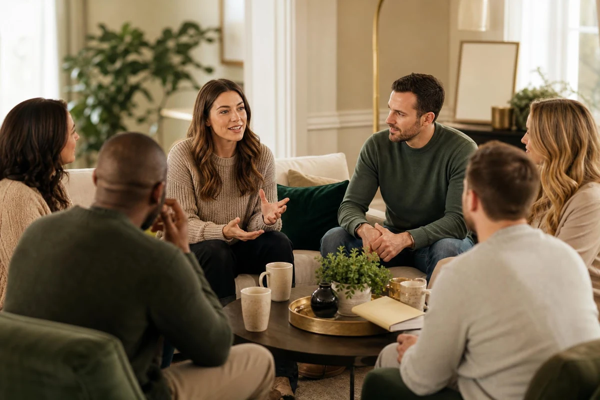A small group of adults meeting in a living room with printed guides