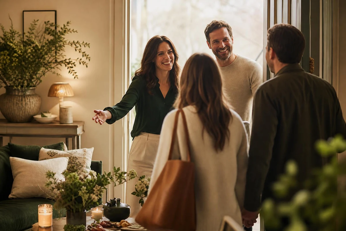 A couple welcoming guests into their home for a first small group gathering