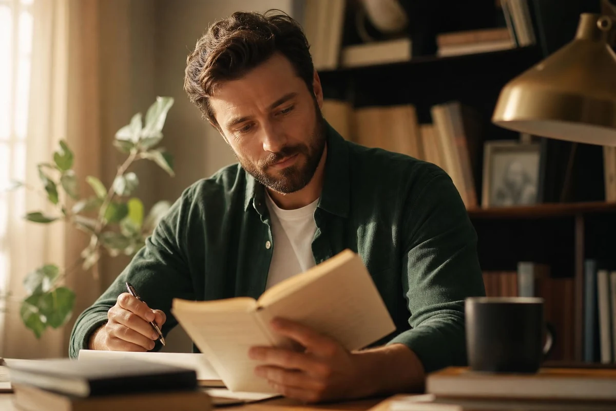 A man studying an open Bible next to a printed study worksheet