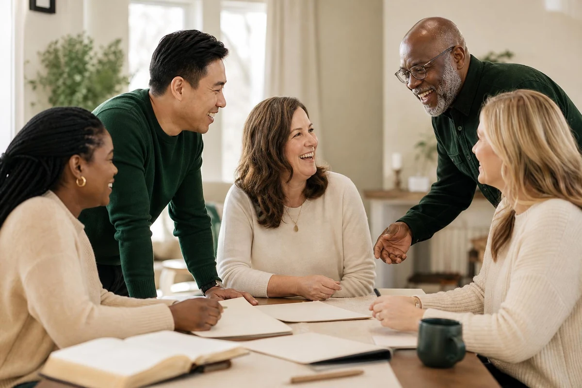 A church volunteer team coordinating around a table with printed schedules