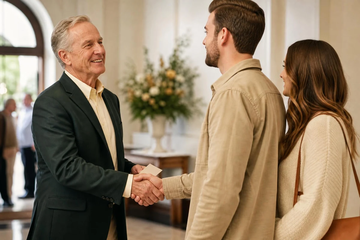 A greeter handing a printed welcome card to first-time visitors at church